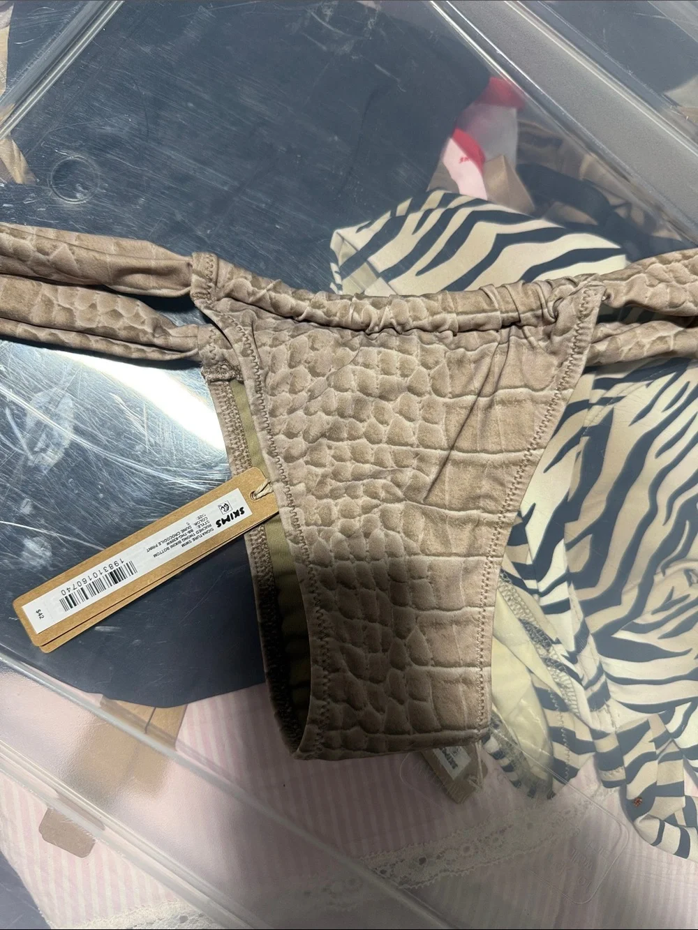 Skims signature swim ruched thong bikini bottom dune crocodile print small